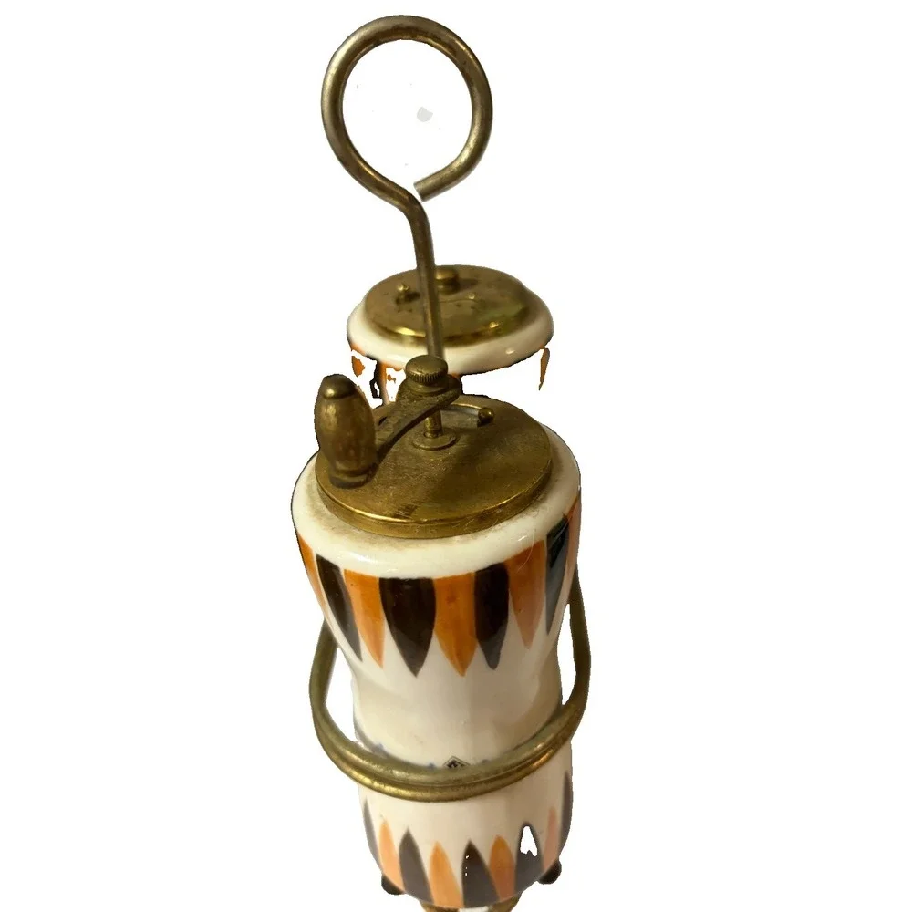 Japan Ceramic Brass Salt Shaker Pepper Grinder Caddy MCM Atomic Hand Painted